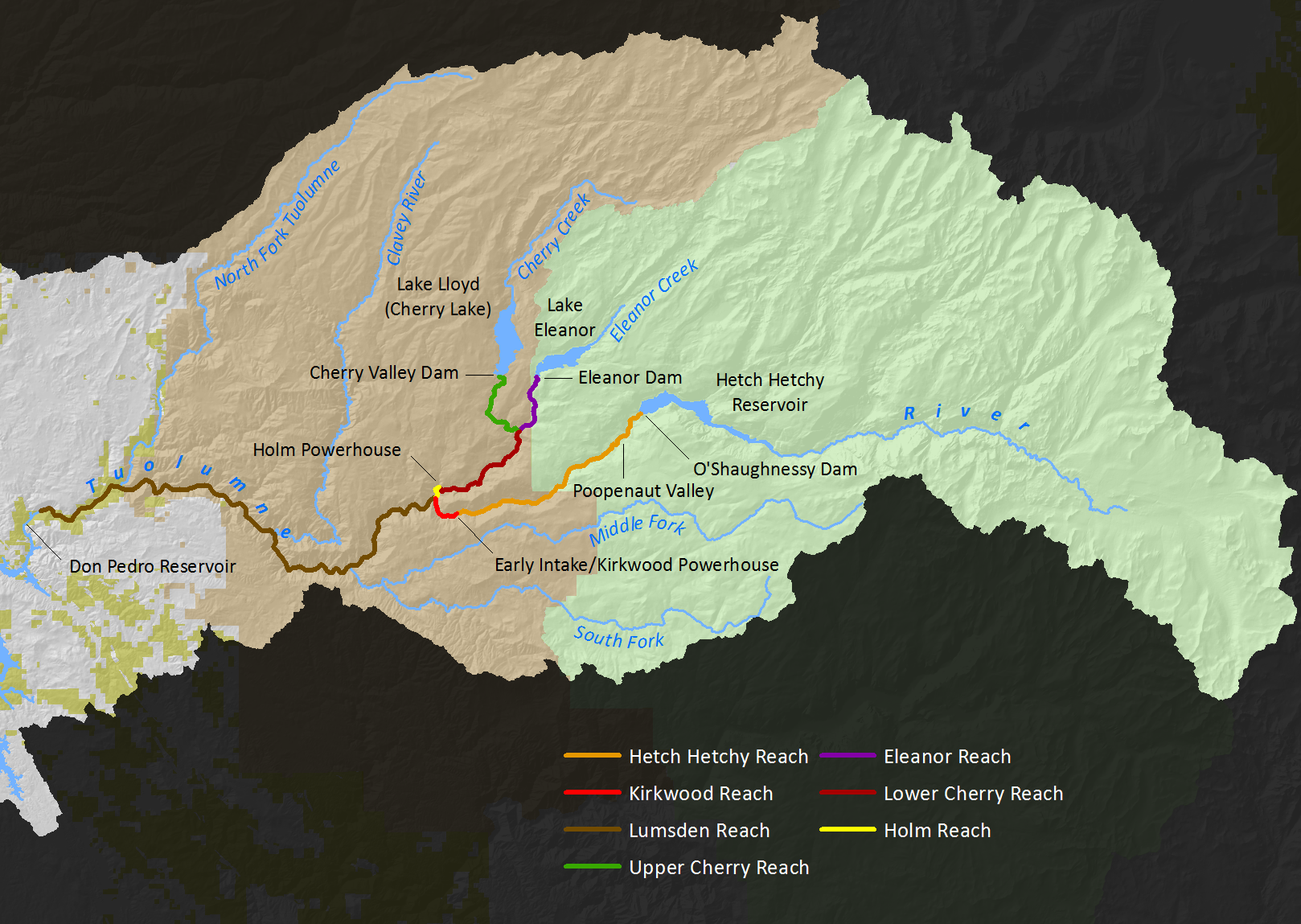 Map of Upper Tuolumne River Ecosystem Program study area showing seven reaches, dams, reservoirs, and land management areas